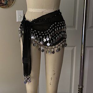 Bohemian Bedouin satin Layered Silver Coin Fringe Belly Dancer scarf Wrap Shawl